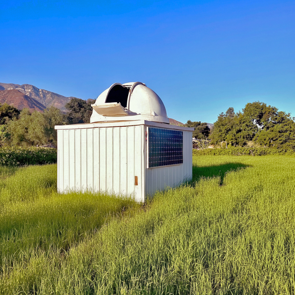 Summit Observatory with Topa Topa mountains and green meadow